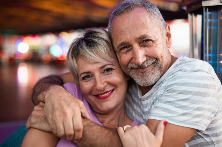 Casal de idosos sorrindo abraçados, com expressão de felicidade